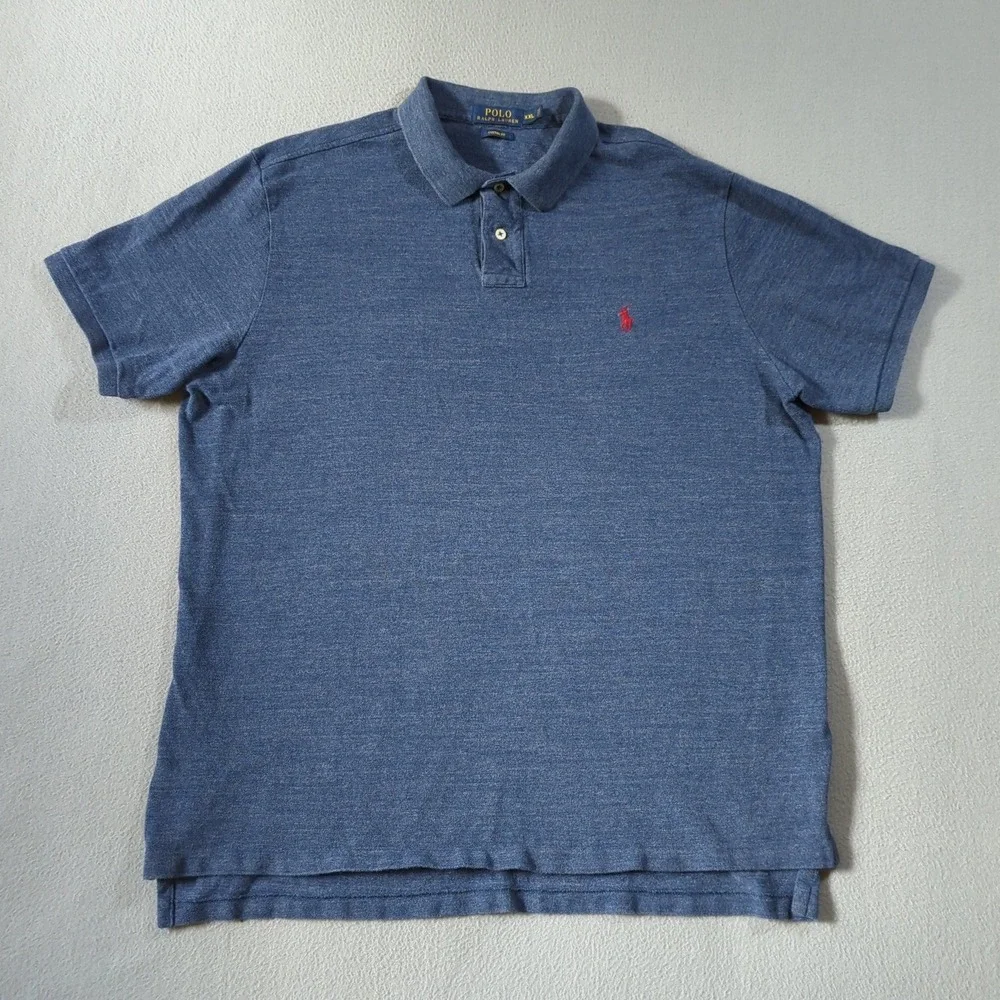 Polo Ralph Lauren Polo Shirt Mens XXL Blue Custom Fit Heathered Cotton Red Pony